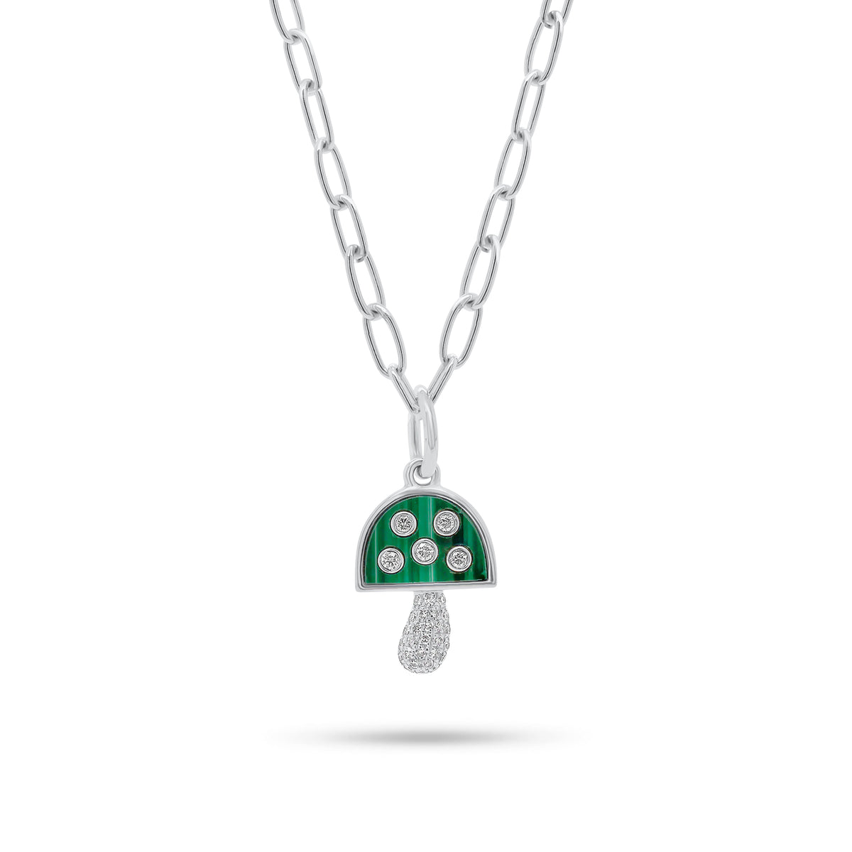 Small Diamond & Malachite Mushroom Pendant - 14K white gold weighing 0.77 grams - 32 round diamonds weighing 0.08 carats - 0.41 ct malachite