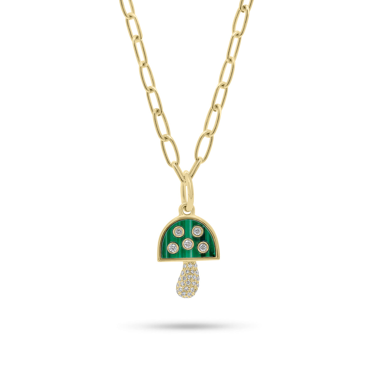 Small Diamond & Malachite Mushroom Pendant - 14K yellow gold weighing 0.77 grams - 32 round diamonds weighing 0.08 carats - 0.41 ct malachite