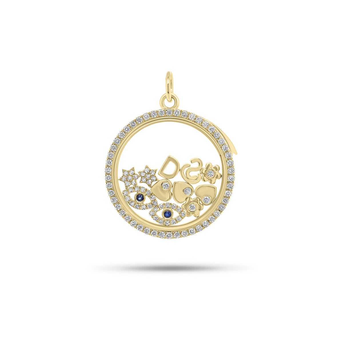Diamond & Gemstone Customizable Shake Pendant - 14K gold weighing 7.05 grams - 79 round diamonds weighing 0.50 carats - 2 sapphires weighing 0.04 carats