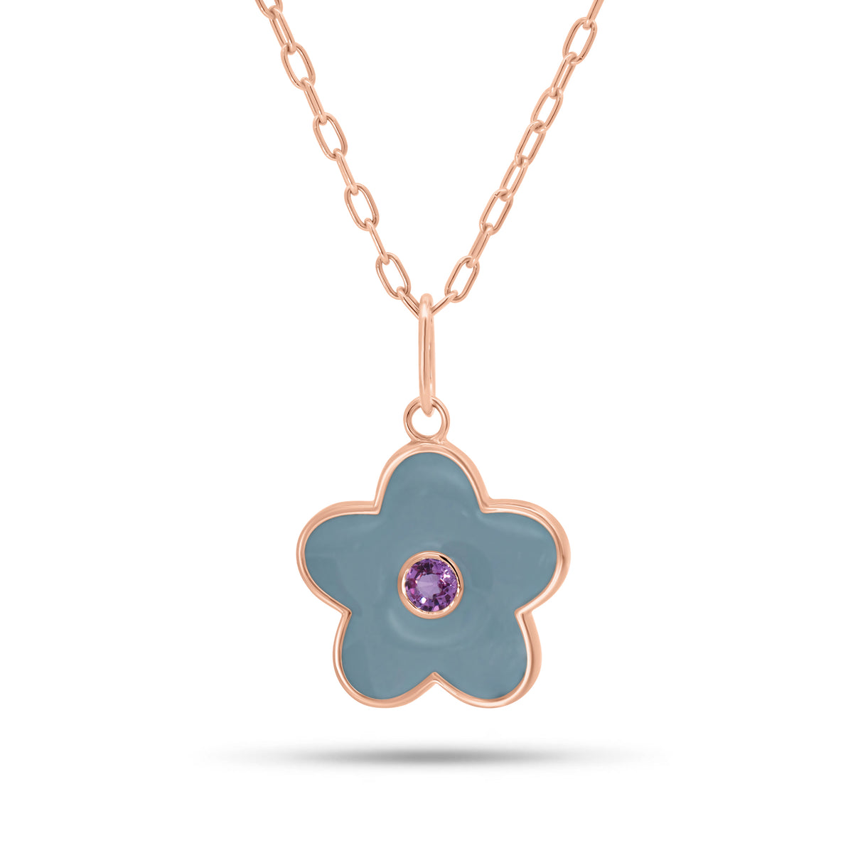 Pink sapphire and enamel popart flower pendant - 14K gold weighing 1.60 grams
- 0.15 ct pink sapphire