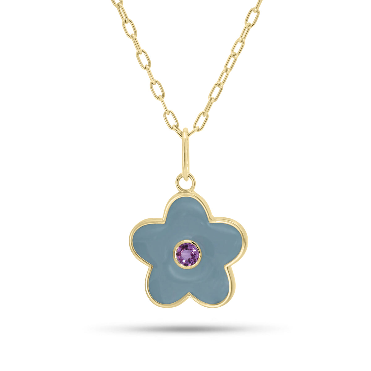 Pink sapphire and enamel popart flower pendant - 14K gold weighing 1.60 grams
- 0.15 ct pink sapphire