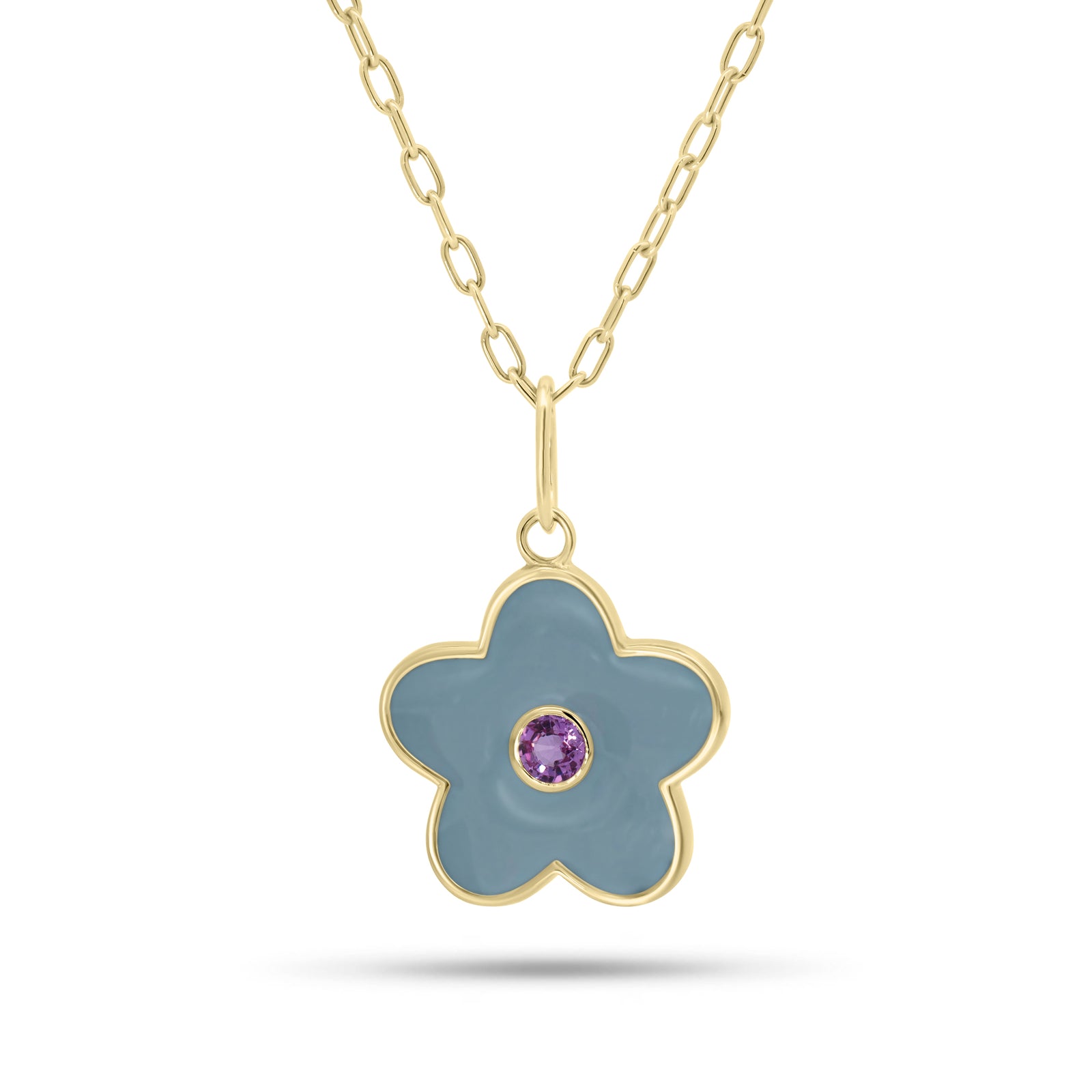 Pink sapphire and enamel popart flower pendant - 14K gold weighing 1.60 grams
- 0.15 ct pink sapphire
