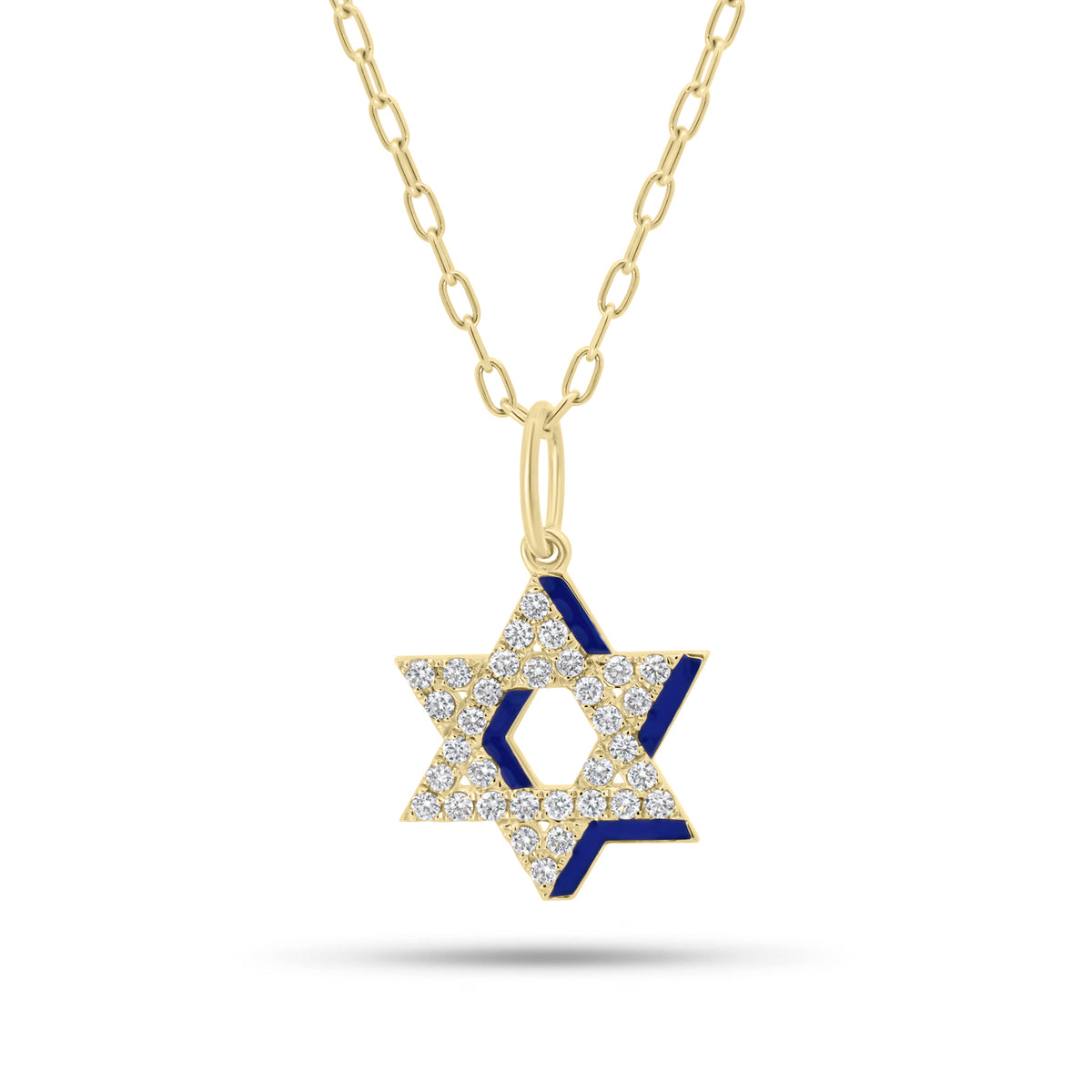 Diamond & enamel star of david pendant - 14K gold weighing 1.65 grams
- 33 round diamonds weighing 0.33 carats