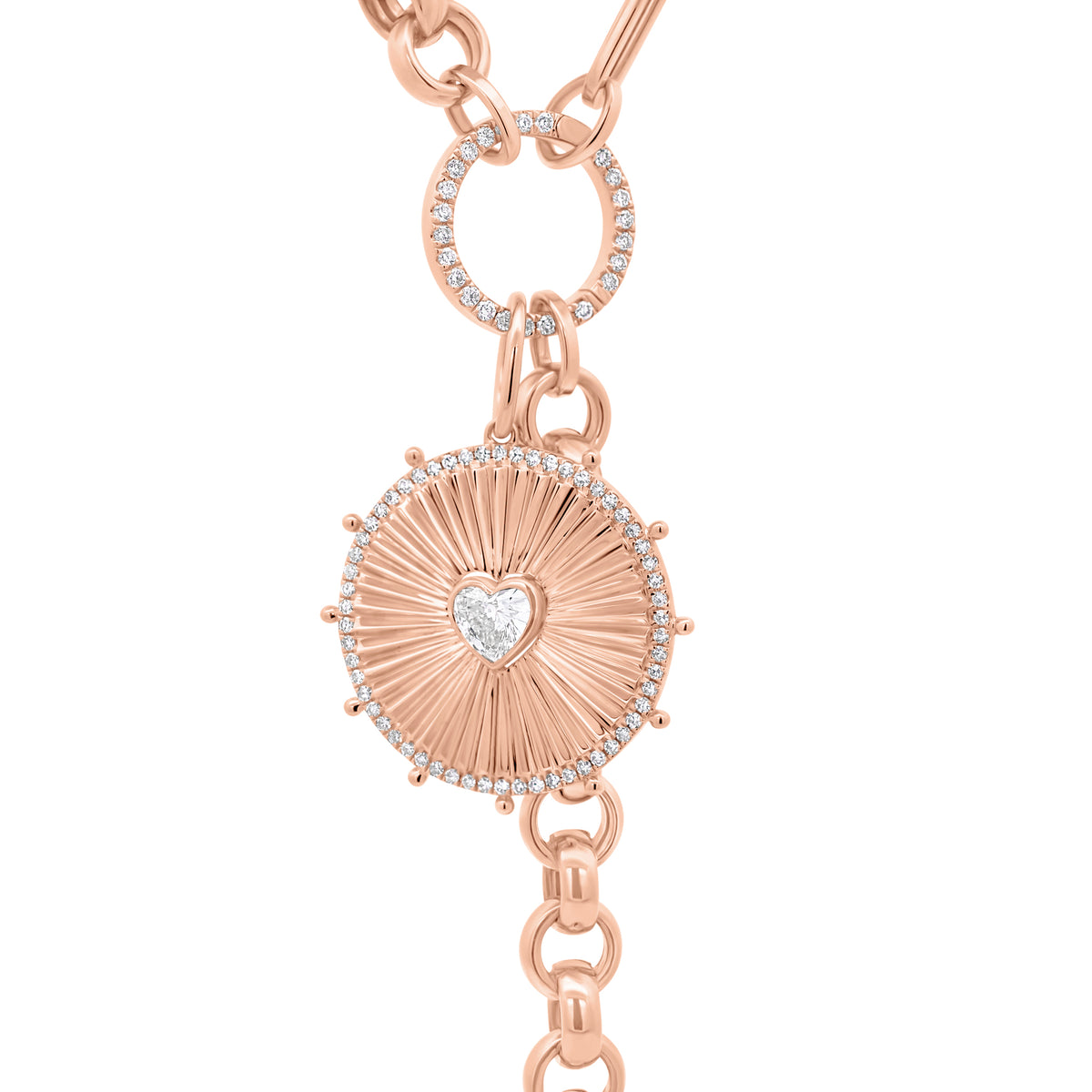 Diamond Heart Ridged Gold Disc Pendant - 14K gold weighing 2.78 grams - 58 round diamonds weighing 0.15 carats  - 0.25 ct heart-shaped diamond