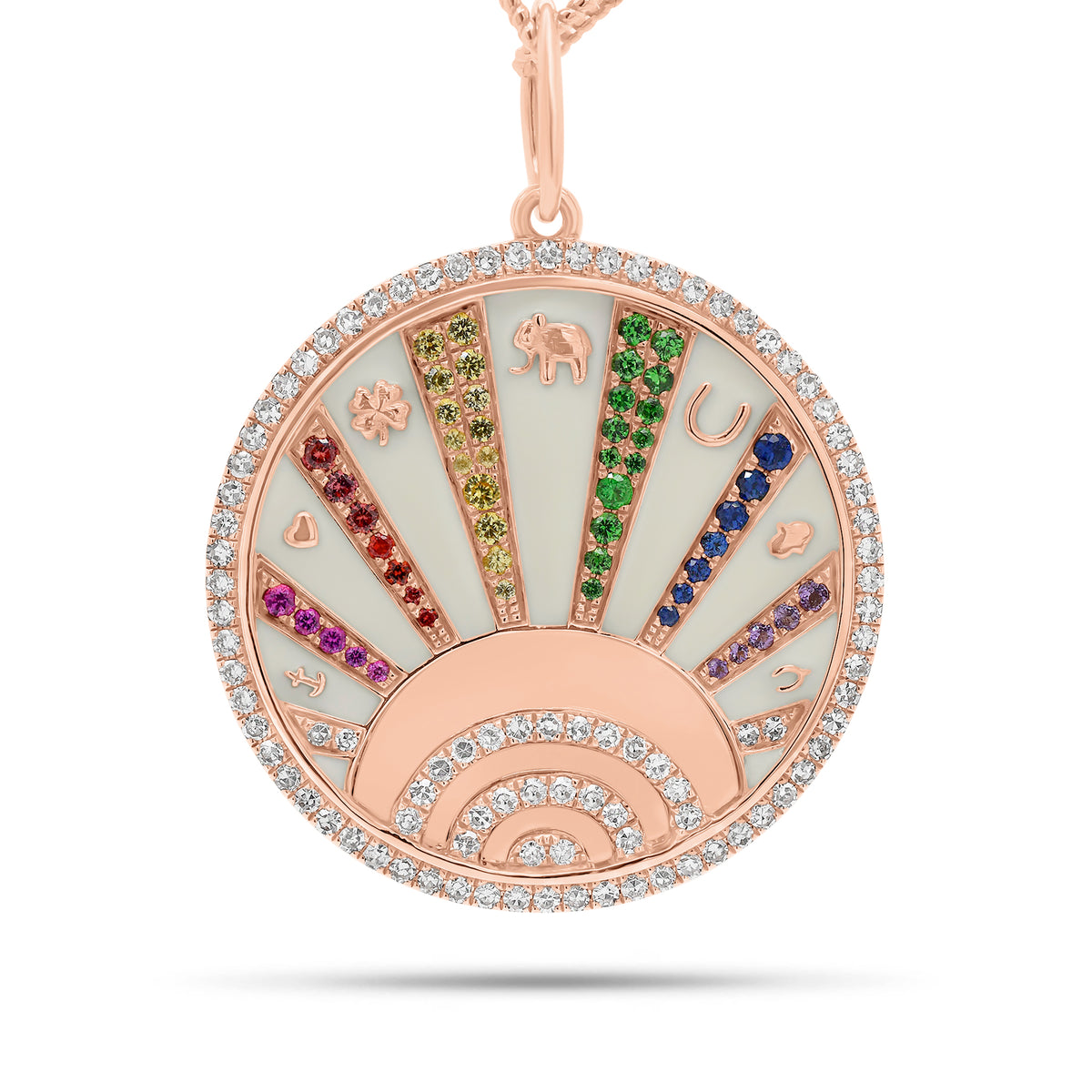Diamond & Multicolor Sapphire Lucky Symbols Pendant - 14K gold weighing 8.20 grams - 95 round diamonds weighing 0.44 carats - 52 fancy-color sapphires weighing 0.38 carats