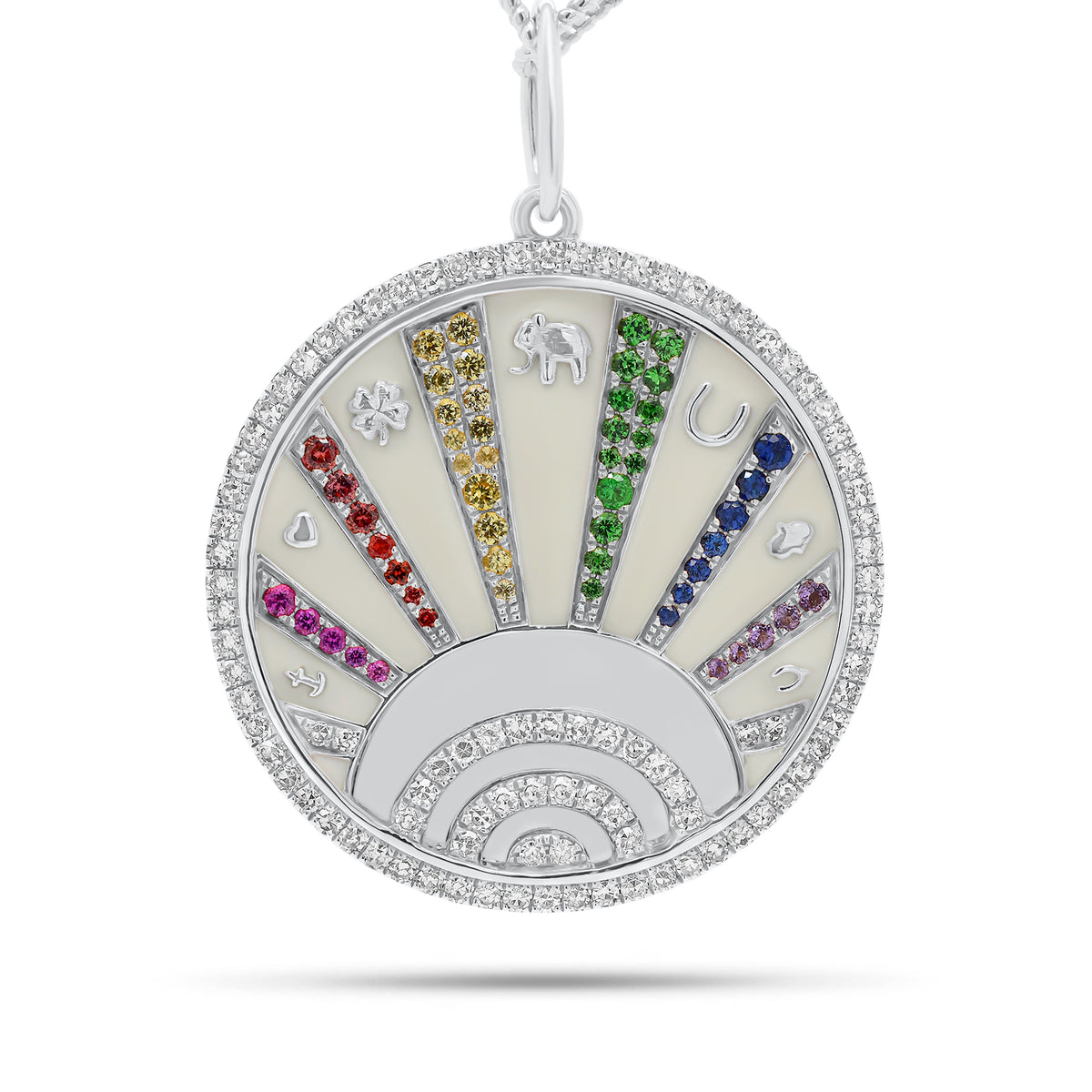 Diamond & Multicolor Sapphire Lucky Symbols Pendant - 14K gold weighing 8.20 grams - 95 round diamonds weighing 0.44 carats - 52 fancy-color sapphires weighing 0.38 carats