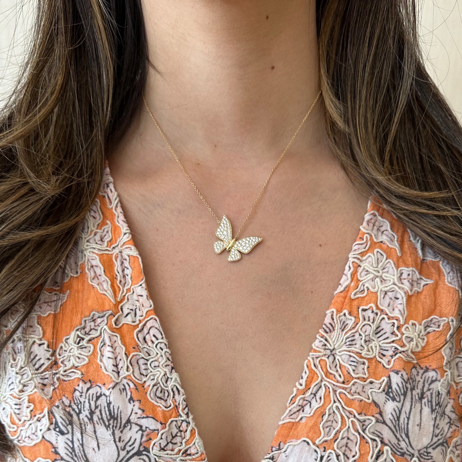 Diamond Fluttery Butterfly Necklace  - 14K gold weighing 7.63 grams  - diamonds totaling 1.45 carats