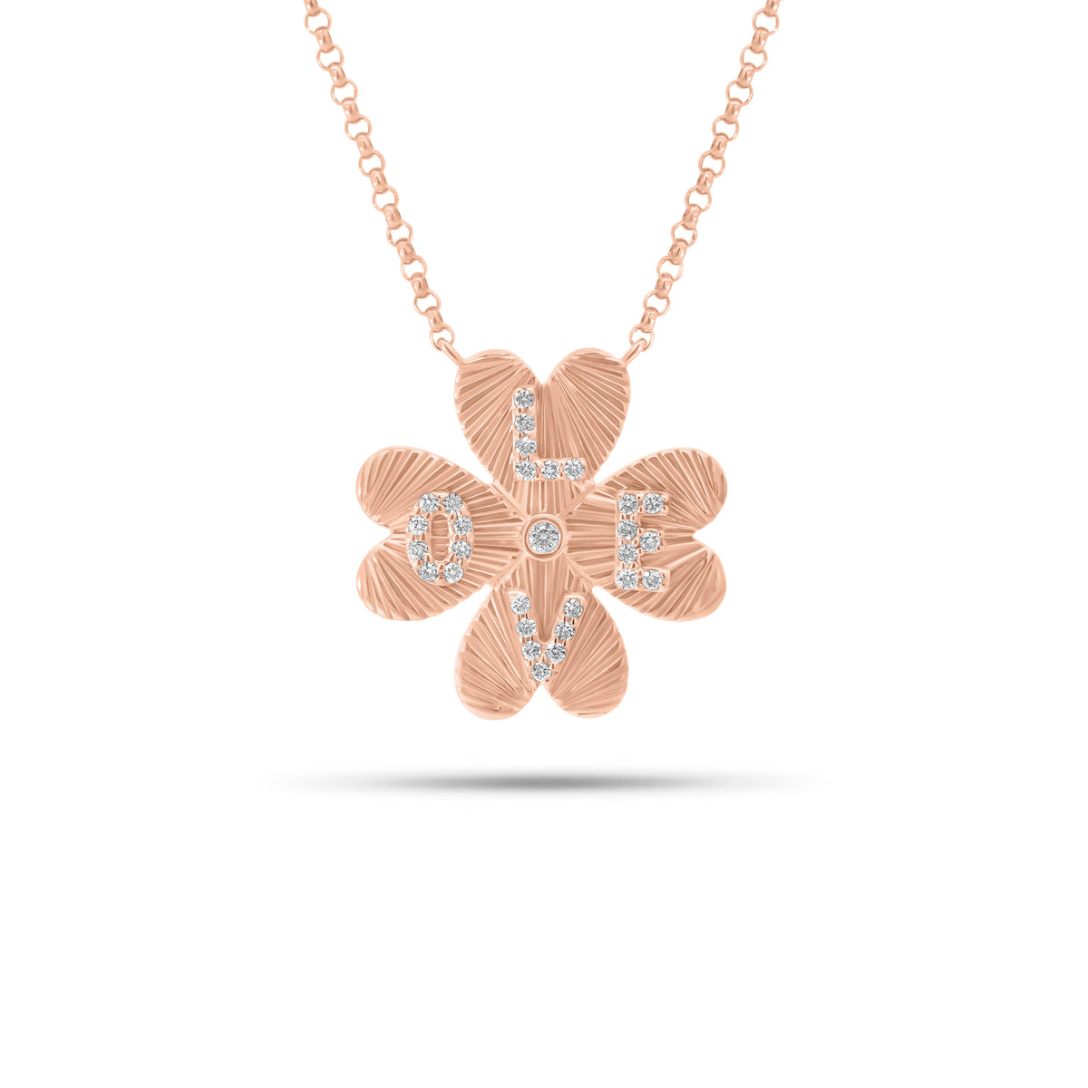 Diamond & Fluted Gold Four Leaf Clover “Love” Pendant Necklace - 14K gold weighing 3.90 grams - 30 round diamonds weighing 0.20 carats