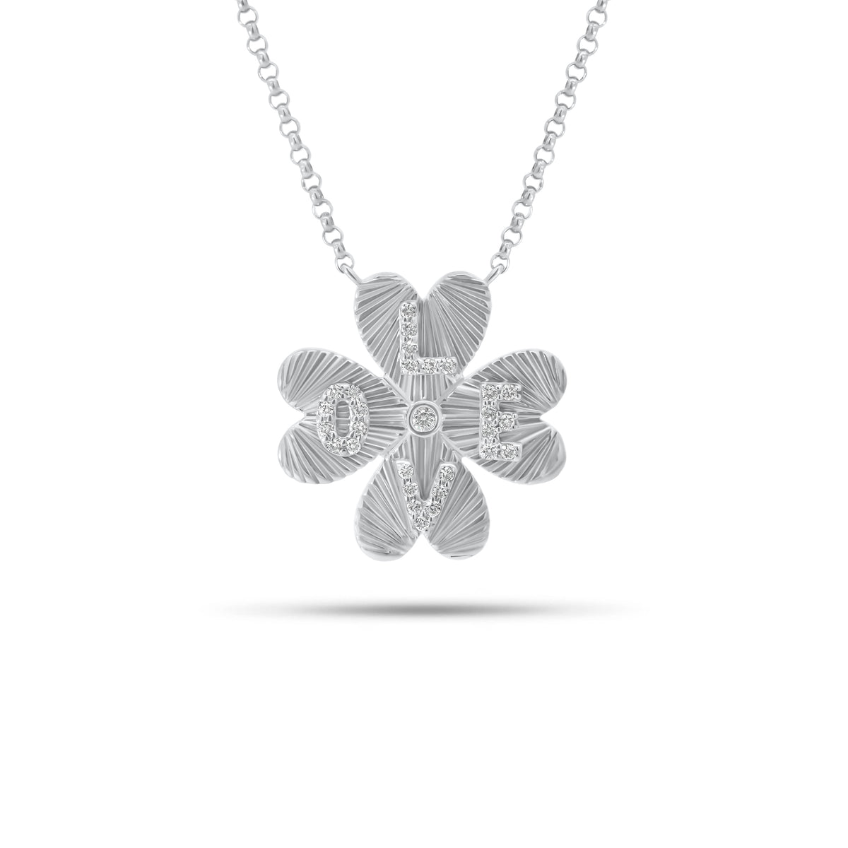 Diamond & Fluted Gold Four Leaf Clover “Love” Pendant Necklace - 14K gold weighing 3.90 grams - 30 round diamonds weighing 0.20 carats