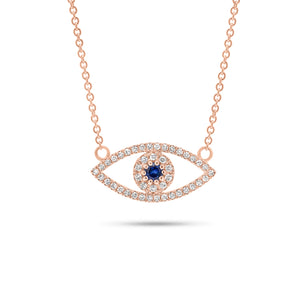 Diamond And Sapphire Evil Eye Pendant Necklace - 14K gold weighing 1.89 grams - 44 round diamonds weighing 0.11 carats