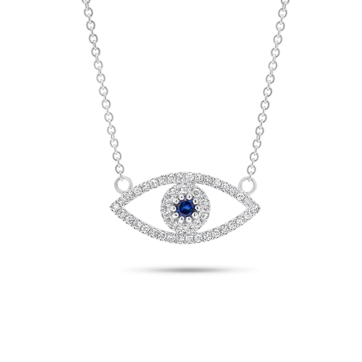 Diamond And Sapphire Evil Eye Pendant Necklace - 14K gold weighing 1.89 grams  - 44 round diamonds weighing 0.11 carats