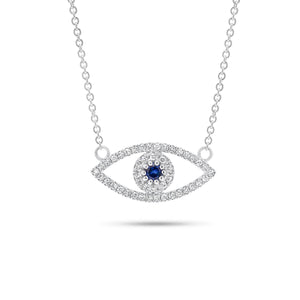 Diamond And Sapphire Evil Eye Pendant Necklace - 14K gold weighing 1.89 grams  - 44 round diamonds weighing 0.11 carats
