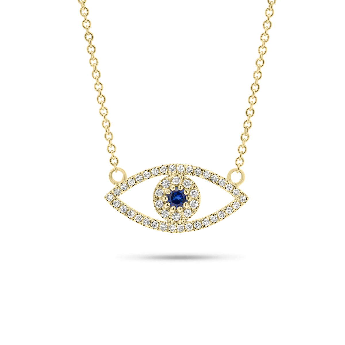 Diamond And Sapphire Evil Eye Pendant Necklace - 14K gold weighing 1.89 grams - 44 round diamonds weighing 0.11 carats