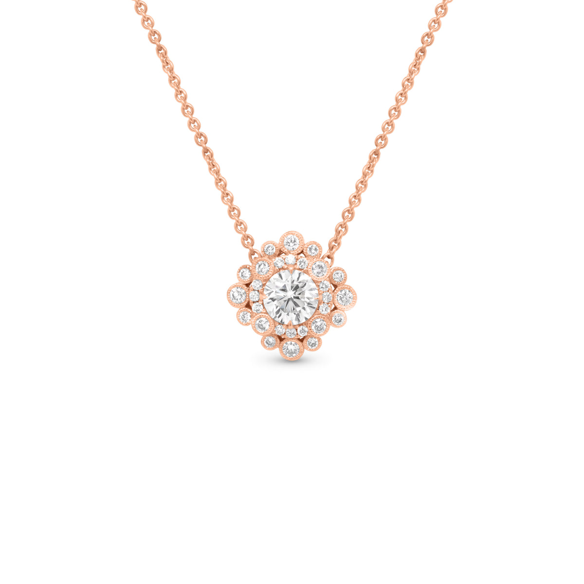 Elaborate Diamond Pendant - 14K gold weighing 5.40 grams - 1.00 ct round diamond (GIA-graded G-color, I1 clarity) - 28 round diamonds weighing 0.38 carats