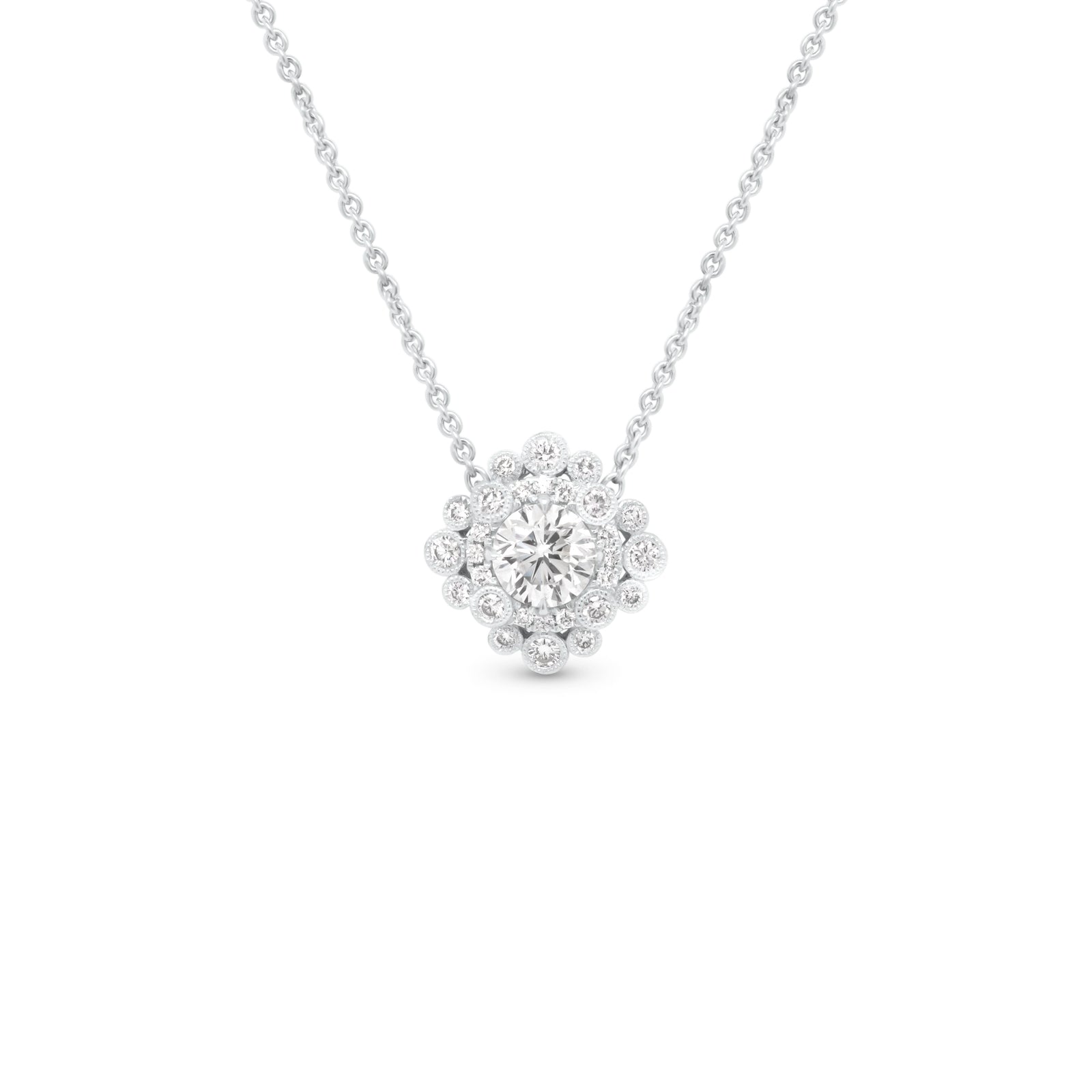 Elaborate Diamond Pendant - 14K gold weighing 5.40 grams  - 1.00 ct round diamond (GIA-graded G-color, I1 clarity)  - 28 round diamonds weighing 0.38 carats