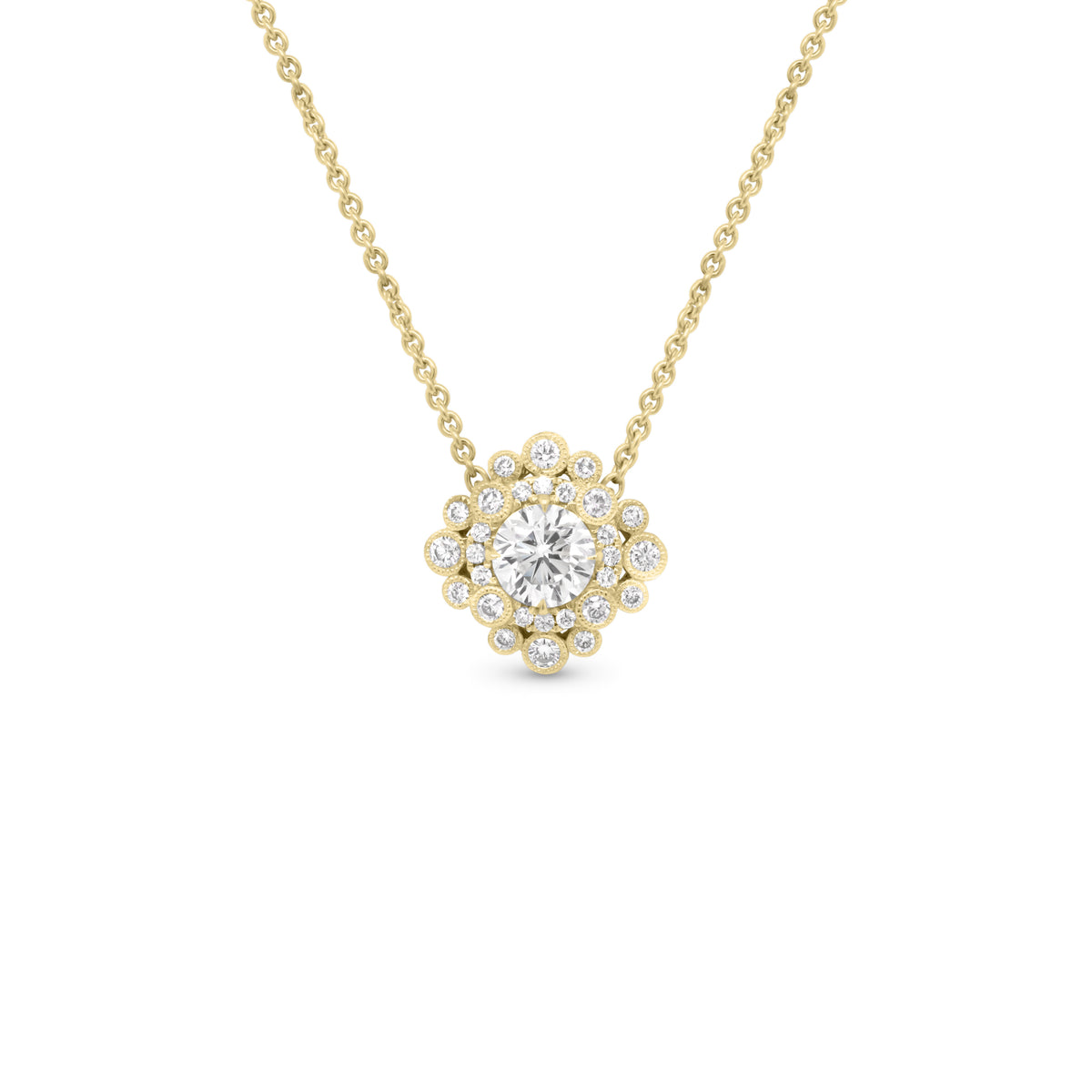 Elaborate Diamond Pendant - 14K gold weighing 5.40 grams - 1.00 ct round diamond (GIA-graded G-color, I1 clarity) - 28 round diamonds weighing 0.38 carats