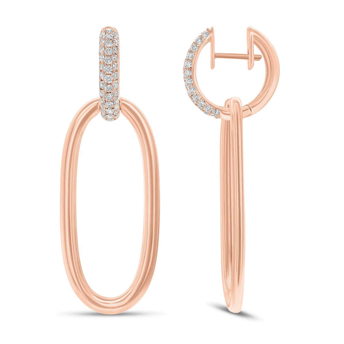 Diamond & Gold Oval Hoop Earrings - 14K gold weighing 11.98 grams - 74 round diamonds weighing 0.88 carats