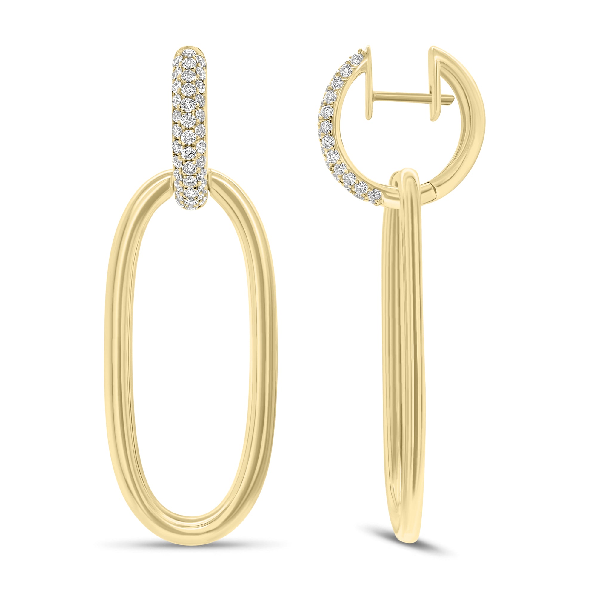 Diamond & Gold Oval Hoop Earrings - 14K gold weighing 11.98 grams  - 74 round diamonds weighing 0.88 carats