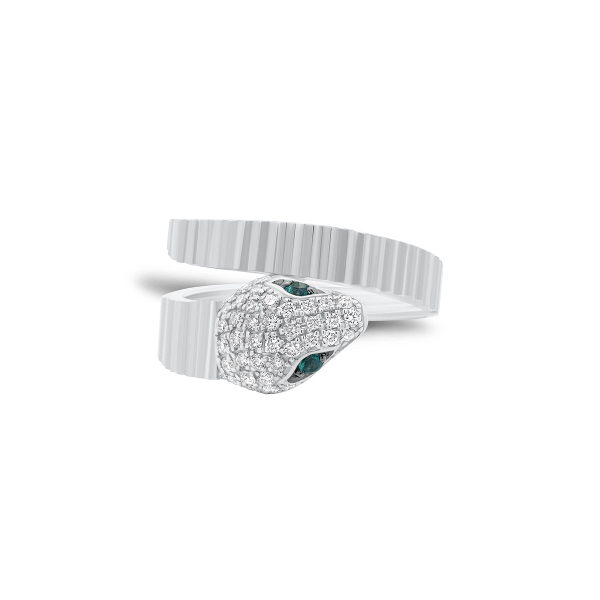 Emerald & Diamond Pleated Gold Snake Ring - 14K gold weighing 3.85 grams - 39 round diamonds weighing 0.23 carats - 2 emerald-cut diamonds weighing 0.04 carats