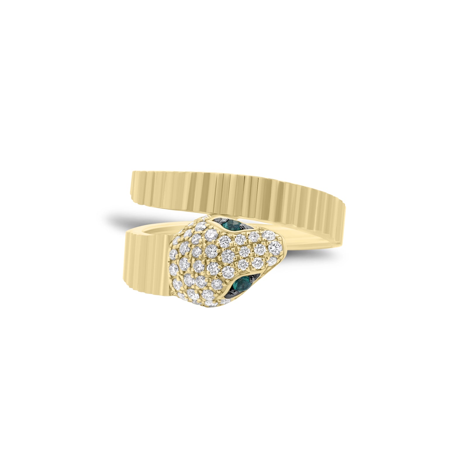 Emerald & Diamond Pleated Gold Snake Ring - 14K gold weighing 3.85 grams - 39 round diamonds weighing 0.23 carats - 2 emerald-cut diamonds weighing 0.04 carats