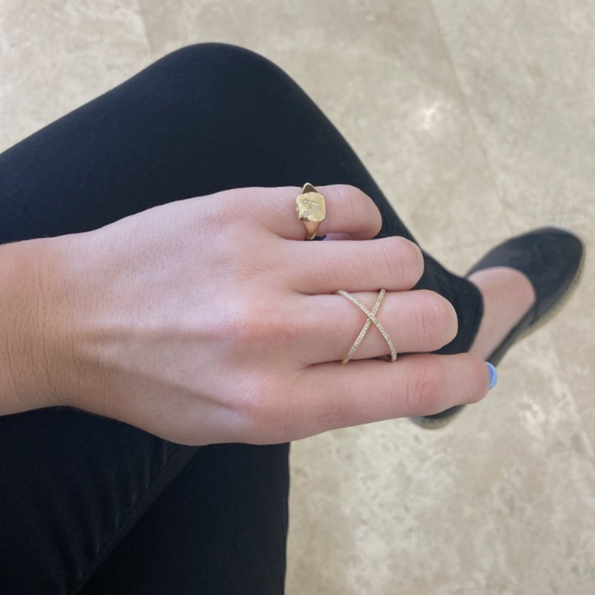 Diamond Initial Signet Ring - 14K gold weighing 2.53 grams - 12 round diamonds weighing 0.03 carats