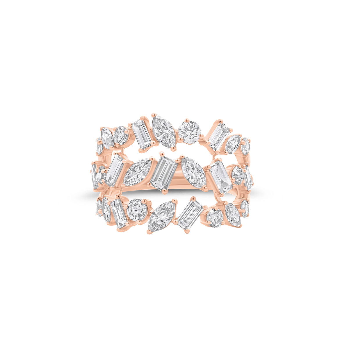 Multi-Shape Diamond Triple Band Ring - 18K gold weighing 5.52 grams - 10 round diamonds weighing 0.64 carats - 9 straight baguettes weighing 0.80 carats - 8 marquise-shaped diamonds weighing 0.71 carats