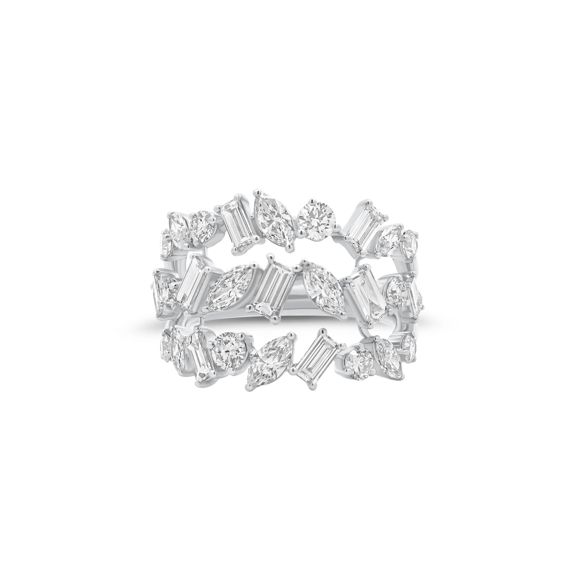 Multi-Shape Diamond Triple Band Ring - 18K gold weighing 5.52 grams - 10 round diamonds weighing 0.64 carats - 9 straight baguettes weighing 0.80 carats - 8 marquise-shaped diamonds weighing 0.71 carats