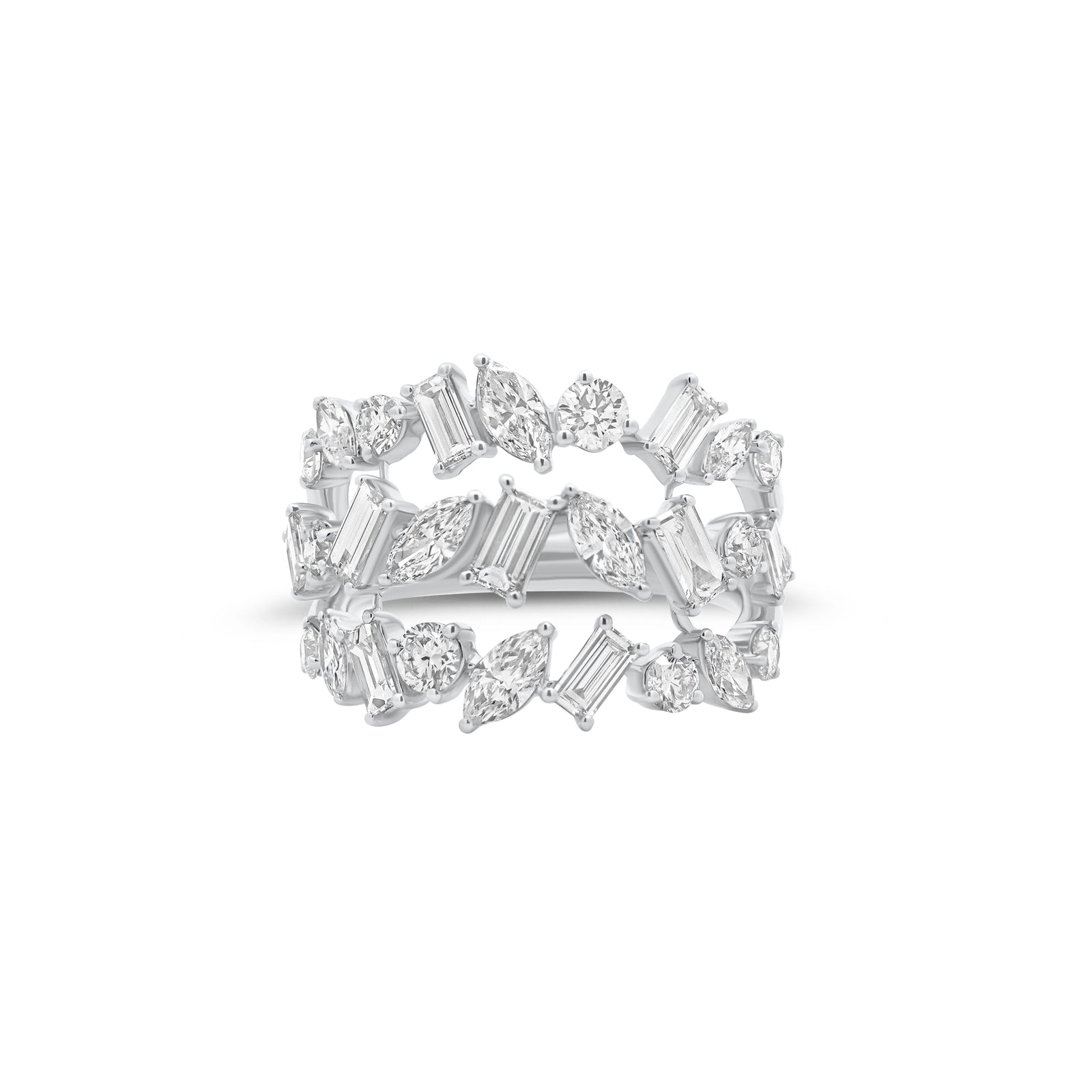 Multi-Shape Diamond Triple Band Ring - 18K gold weighing 5.52 grams - 10 round diamonds weighing 0.64 carats - 9 straight baguettes weighing 0.80 carats - 8 marquise-shaped diamonds weighing 0.71 carats