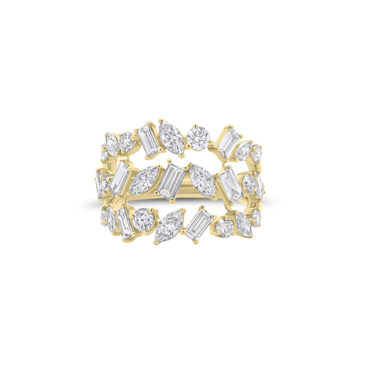 Multi-Shape Diamond Triple Band Ring - 18K gold weighing 5.52 grams - 10 round diamonds weighing 0.64 carats - 9 straight baguettes weighing 0.80 carats - 8 marquise-shaped diamonds weighing 0.71 carats