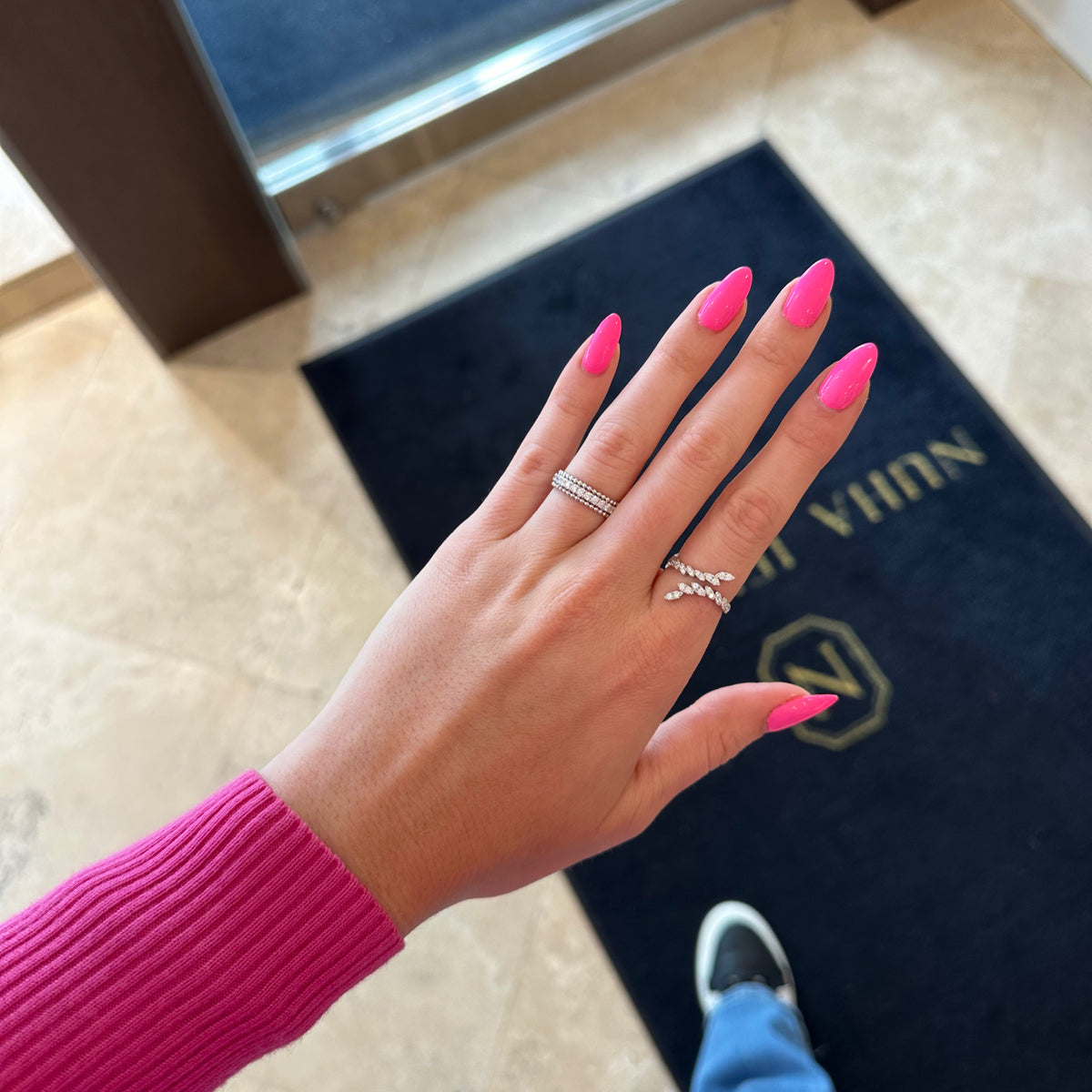 Female Model Wearing Diamond & beaded gold ring - 18K gold weighing 3.54 grams - 17 round diamonds weighing 0.51 carats