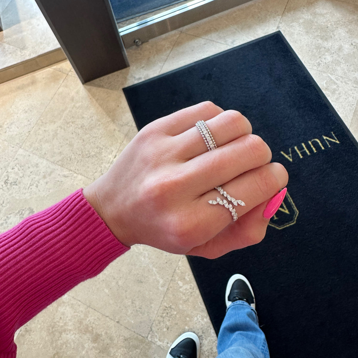 Female Model Wearing Diamond & beaded gold ring - 18K gold weighing 3.54 grams - 17 round diamonds weighing 0.51 carats