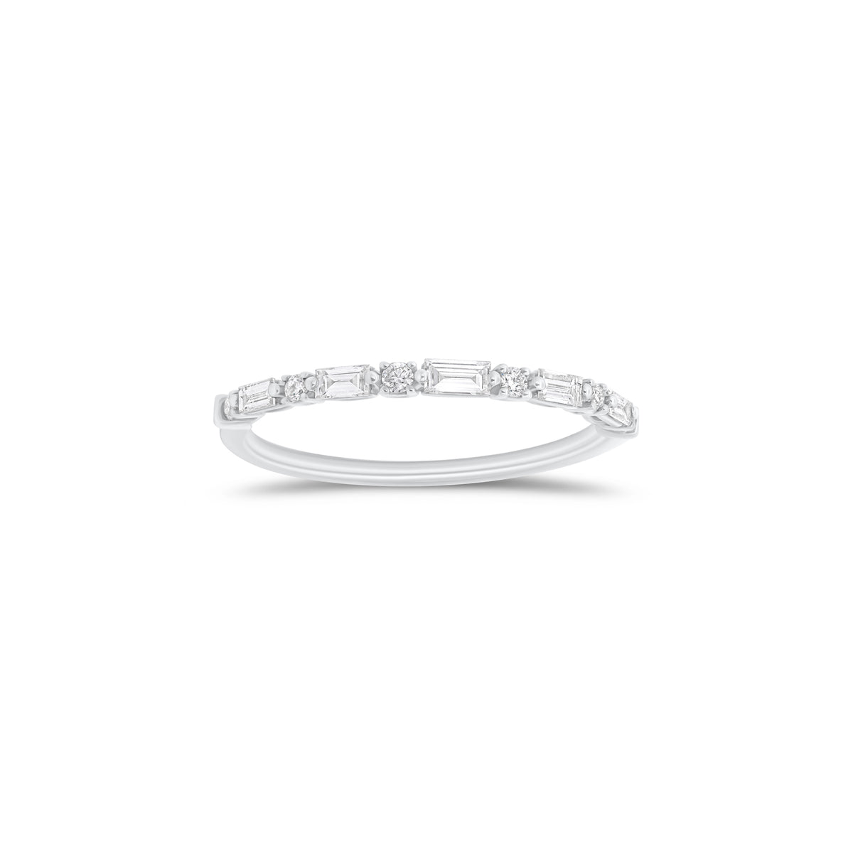 Round & Baguette Diamond Stackable Ring - 18K gold weighing 1.43 grams - 6 round diamonds weighing 0.05 carats - 5 baguette diamonds weighing 0.16 carats