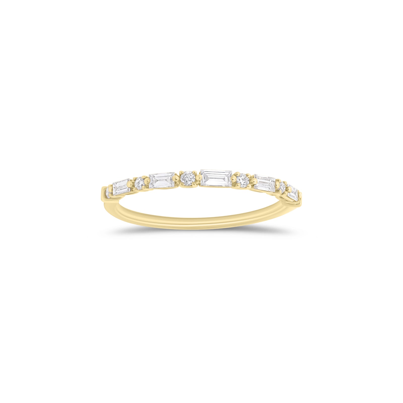 Round & Baguette Diamond Stackable Ring - 18K gold weighing 1.43 grams - 6 round diamonds weighing 0.05 carats - 5 baguette diamonds weighing 0.16 carats