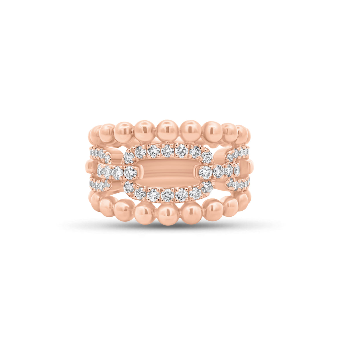 Diamond Chain Link & Gold Ball Multi-Band Ring - 14K gold weighing 9.38 grams - 46 round diamonds weighing 0.63 carats