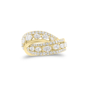 Round & pear-shaped diamond crossover ring - 18K gold weighing 6.54 grams  - 14 pear-shaped diamonds weighing 1.16 carats  - 50 round diamonds weighing 0.59 carats