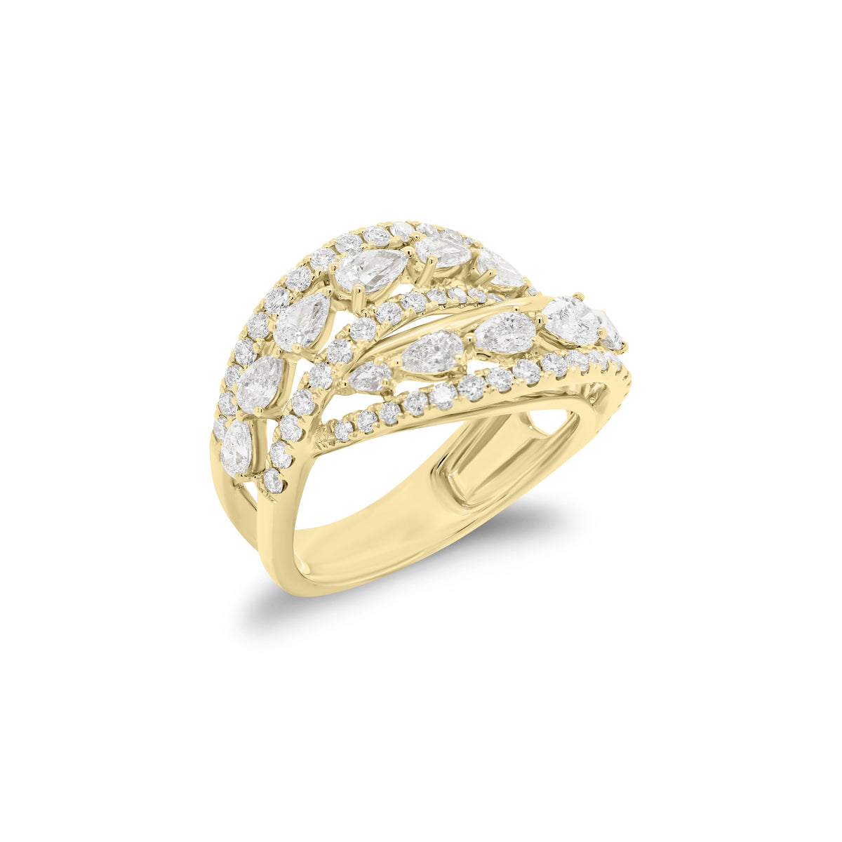 Round & pear-shaped diamond crossover ring - 18K gold weighing 6.54 grams  - 14 pear-shaped diamonds weighing 1.16 carats  - 50 round diamonds weighing 0.59 carats