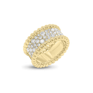 Diamond & beaded gold medium cigar band - 18K gold weighing 9.03 grams - 45 round diamonds weighing 1.33 carats