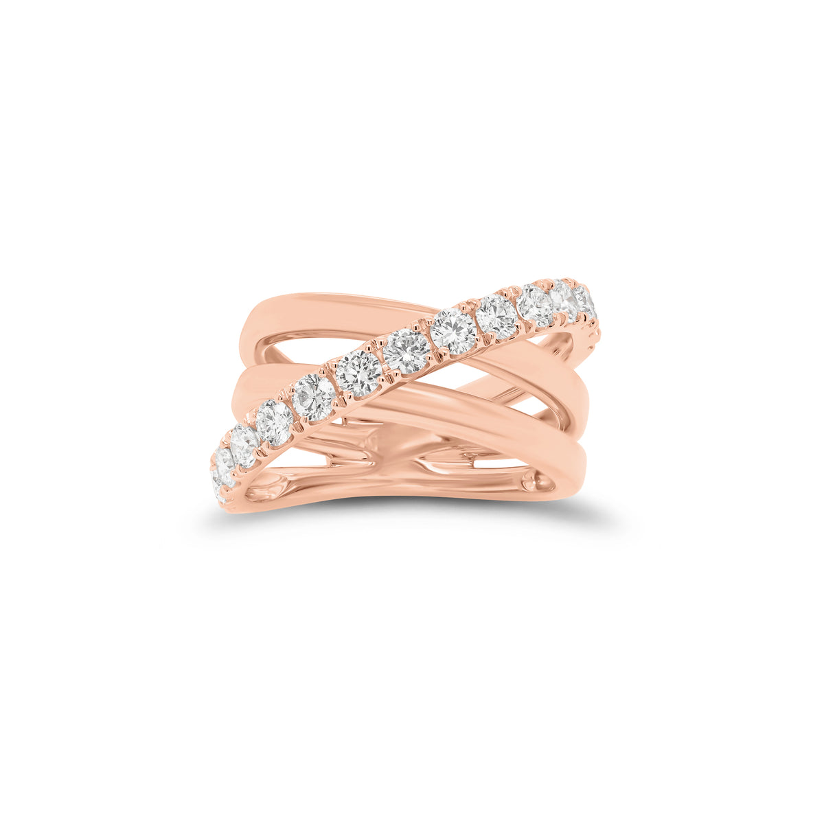 Diamond & gold multi-band crossover ring - 18K gold weighing 7.34 grams  - 15 round diamonds weighing 0.94 carats