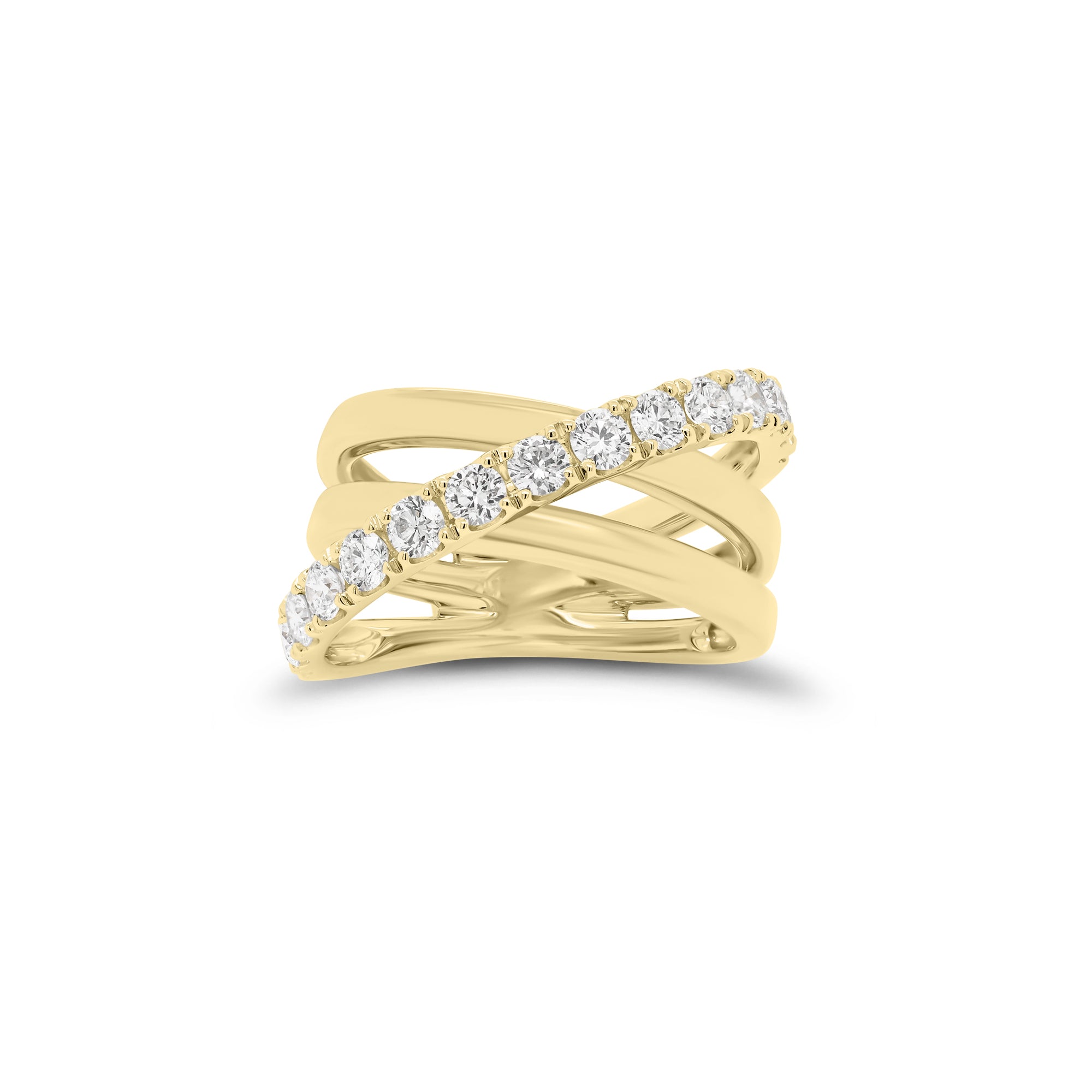 Diamond & gold multi-band crossover ring - 18K gold weighing 7.34 grams  - 15 round diamonds weighing 0.94 carats