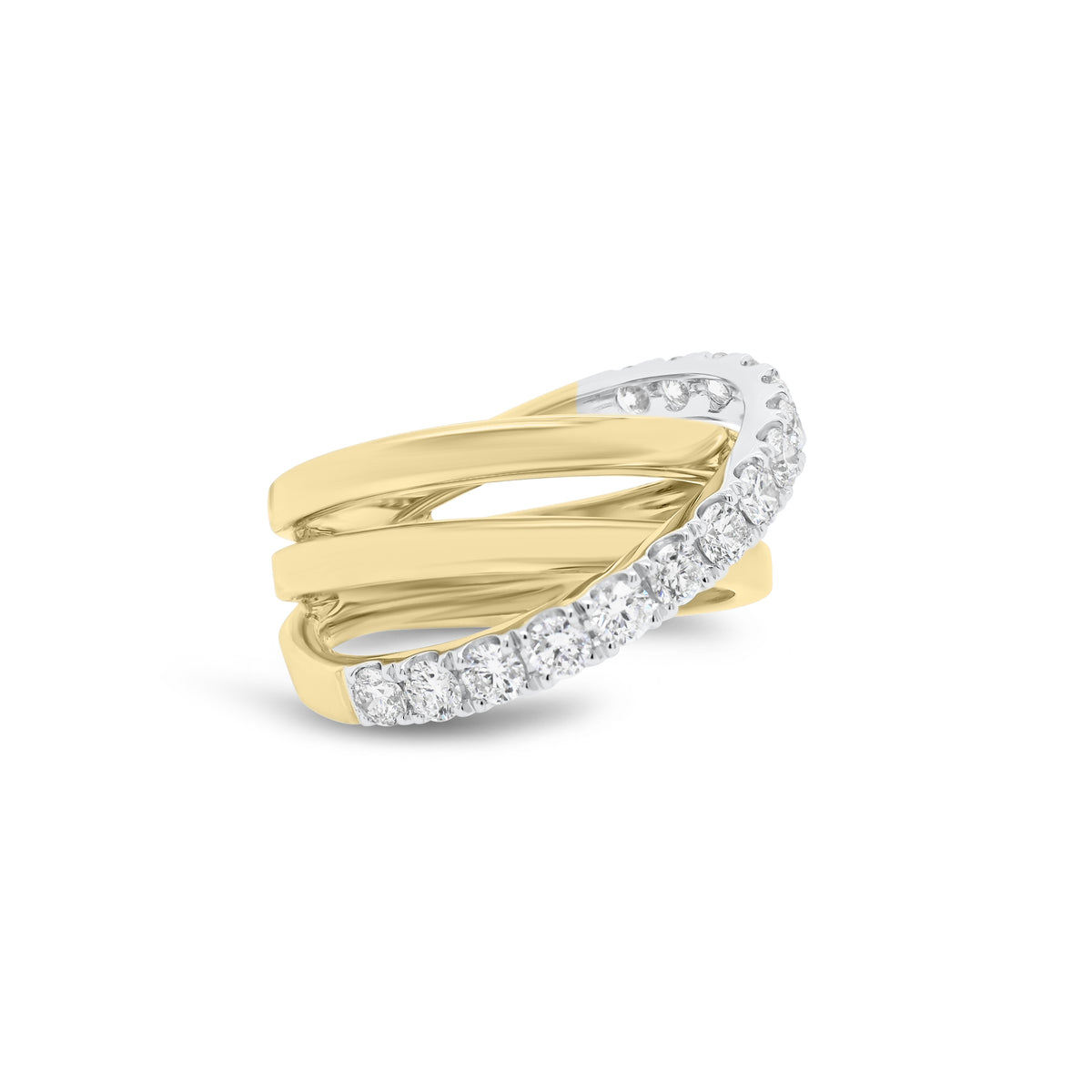 Diamond & gold multi-band crossover ring - 18K gold weighing 7.34 grams  - 15 round diamonds weighing 0.94 carats