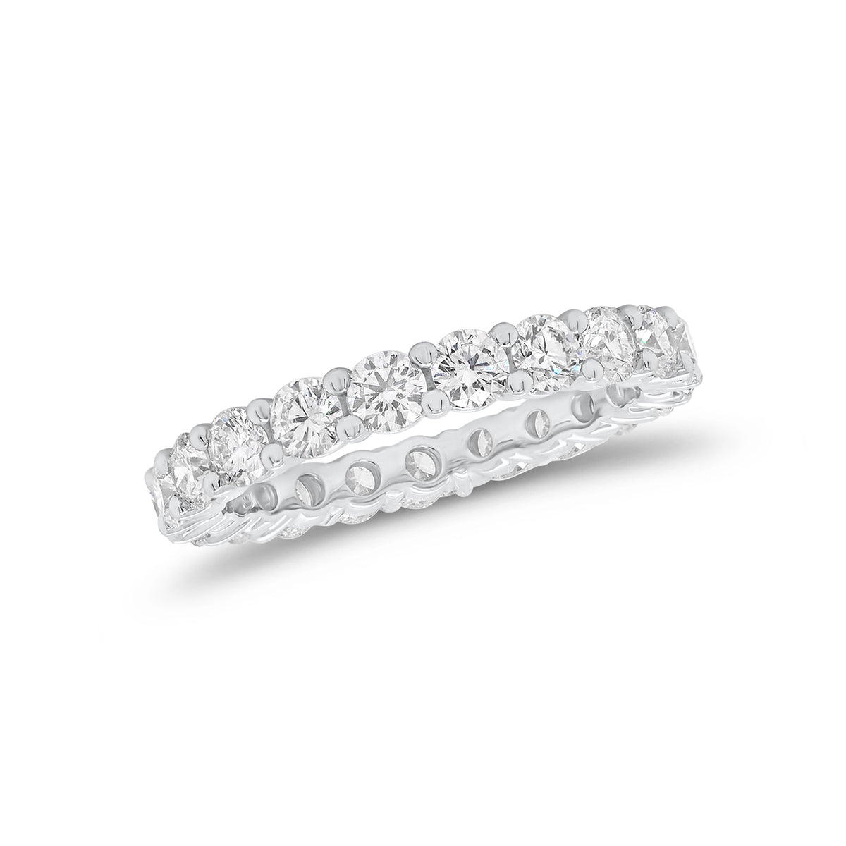 Classic Shared Prong-Set Diamond Eternity Band -18k white gold weighing 3.07 grams -21 round diamonds weighing 2.05 carats