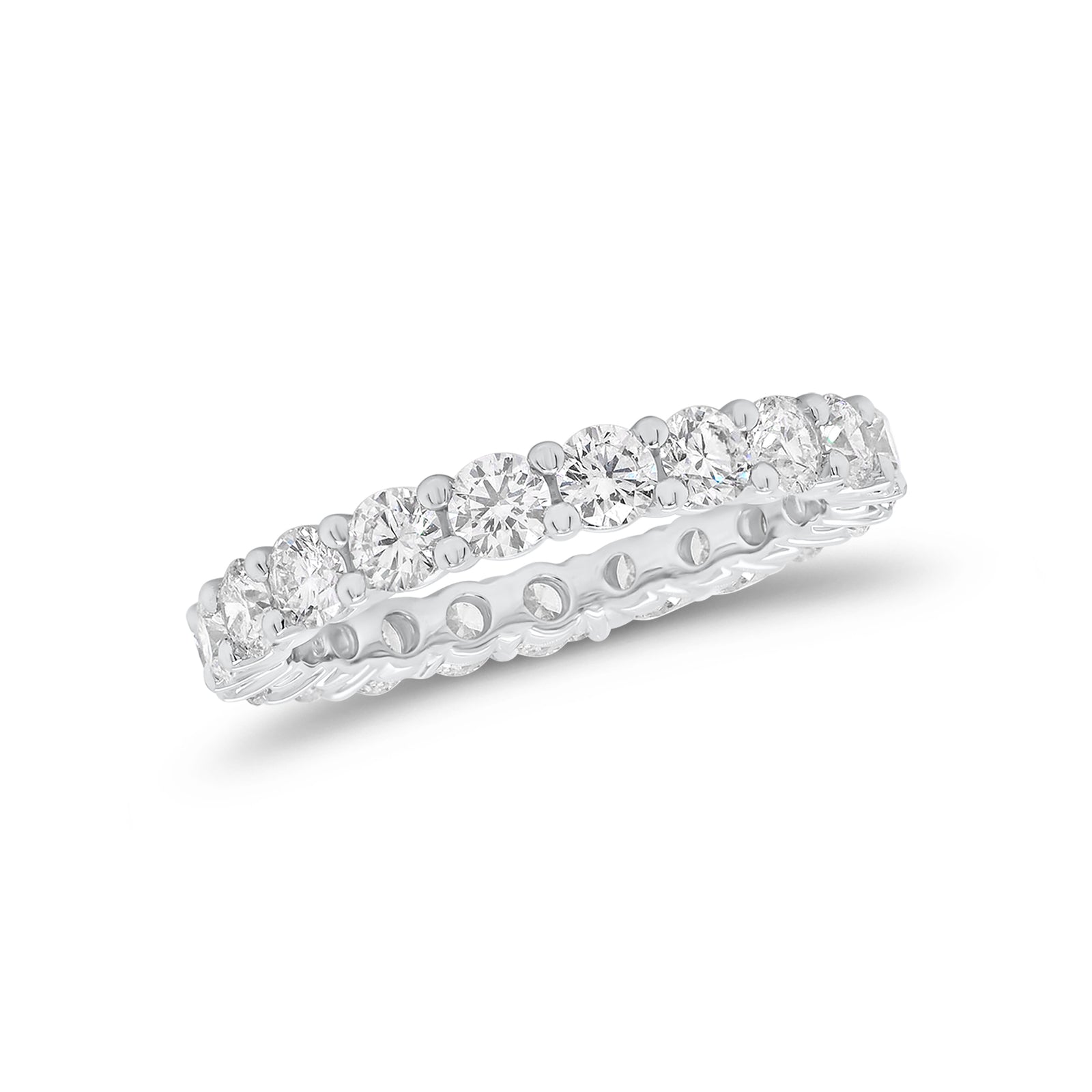 Classic Shared Prong-Set Diamond Eternity Band -18k white gold weighing 3.07 grams -21 round diamonds weighing 2.05 carats