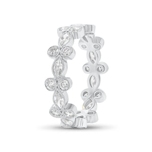 Alternating Marquise & Round Diamond Eternity Band with Milgrain -18k white gold weighing 2.96 grams -10 marquise diamonds weighing 0.90 carats -20 round diamonds weighing .70 carats