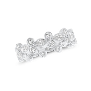Alternating Marquise & Round Diamond Eternity Band with Milgrain -18k white gold weighing 2.96 grams -10 marquise diamonds weighing 0.90 carats -20 round diamonds weighing .70 carats