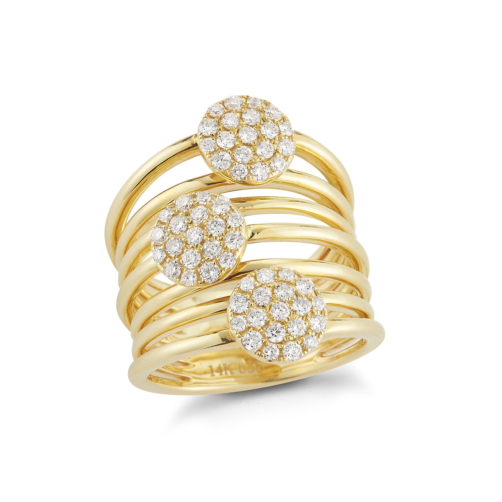Multi Row Diamond Cluster Ring  14k gold, 12.24 grams, 57 round diamonds .82 carats.  Size width 24 millimeters.