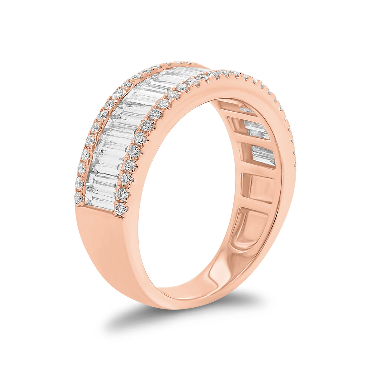 Round Diamond & Baguette Wedding Band -18k rose gold weighing 4.84 grams -54 round four prong-set diamonds weighing .26 carats -19 Straight Baguettes weighing 1.38 carats