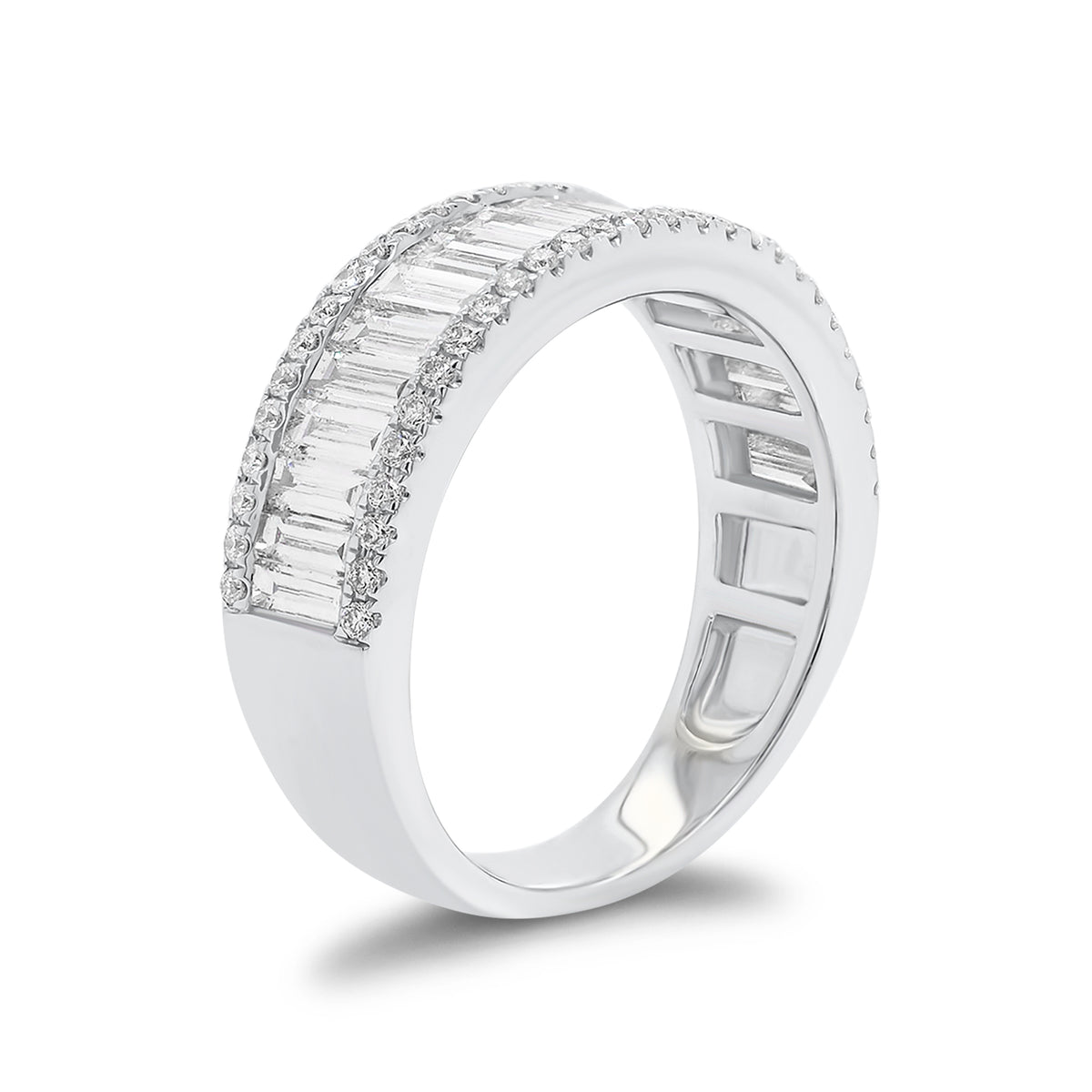 Round Diamond & Baguette Wedding Band -18k white gold weighing 4.84 grams -54 round four prong-set diamonds weighing .26 carats -19 Straight Baguettes weighing 1.38 carats