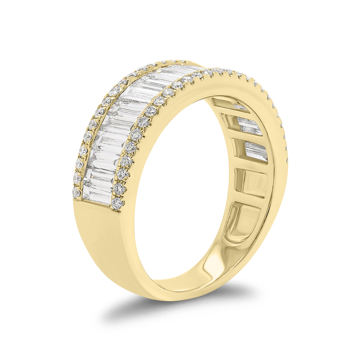 Round Diamond & Baguette Wedding Band -18k yellow gold weighing 4.84 grams -54 round four prong-set diamonds weighing .26 carats -19 Straight Baguettes weighing 1.38 carats