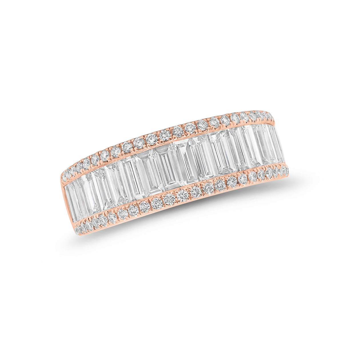 Round Diamond & Baguette Wedding Band -18k rose gold weighing 4.84 grams -54 round four prong-set diamonds weighing .26 carats -19 Straight Baguettes weighing 1.38 carats