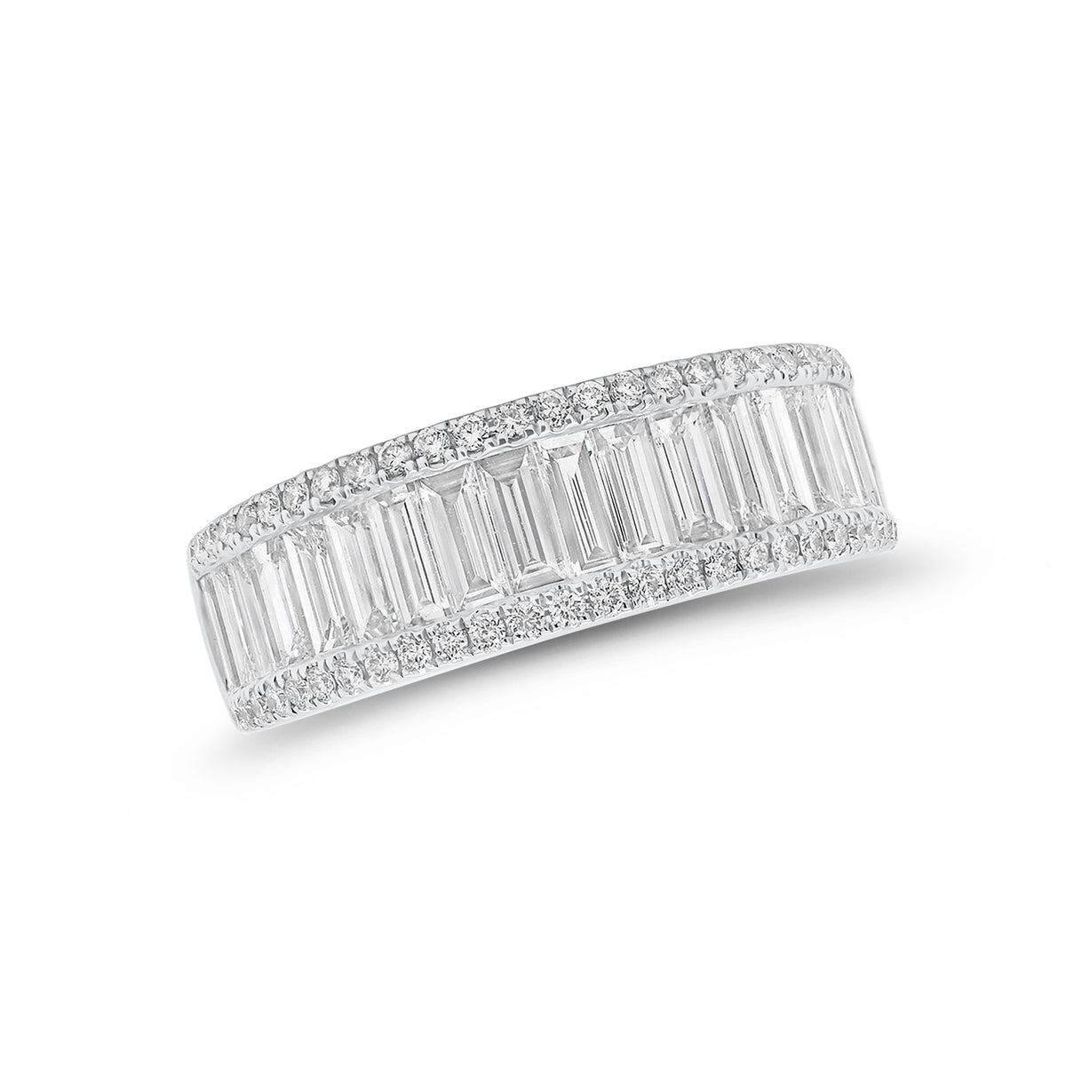 Round Diamond & Baguette Wedding Band -18k white gold weighing 4.84 grams -54 round four prong-set diamonds weighing .26 carats -19 Straight Baguettes weighing 1.38 carats